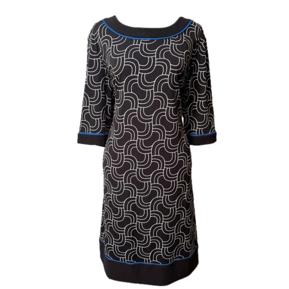 R&K Shift Dress Scoop Neck Elbow Length Sleeves Black White Blue Geo Print - Picture 1 of 11